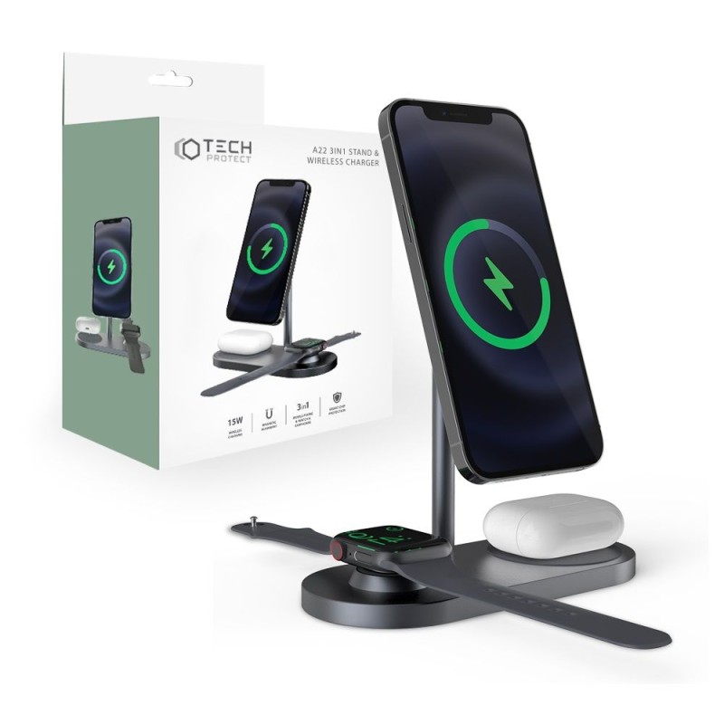 Безжично зарядно устройство TECH-PROTECT 3IN1 MAGNETIC MAGSAFE WIRELESS CHARGER,GREY - Wireless Безжично зарядно устройство TECH-PROTECT 3IN1 MAGNETIC MAGSAFE WIRELESS CHARGER,GREY - Безжично зарядно устройство TECH-PROTECT 3IN1 MAGNETIC MAGSAFE W