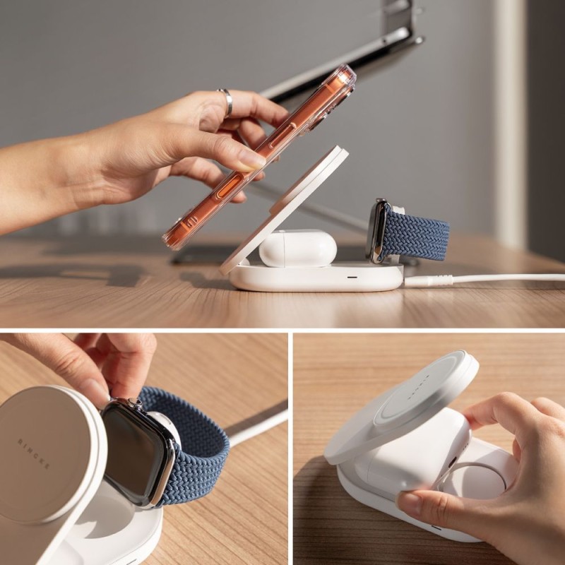 Ringke Qi2.2 25W 3-в-1 MagSafe Безжично Зарядно – Сгъваемо, White - Wireless Ringke Qi2.2 25W 3-в-1 MagSafe Безжично Зарядно – Сгъваемо, White - Ringke Qi2.2 25W 3-в-1 MagSafe Безжично Зарядно – Сгъваемо, Whit