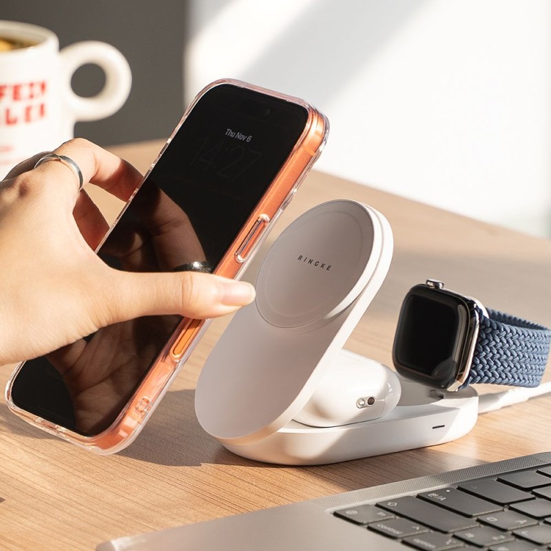 Ringke Qi2.2 25W 3-в-1 MagSafe Безжично Зарядно – Сгъваемо, White - Wireless Ringke Qi2.2 25W 3-в-1 MagSafe Безжично Зарядно – Сгъваемо, White - Ringke Qi2.2 25W 3-в-1 MagSafe Безжично Зарядно – Сгъваемо, Whit