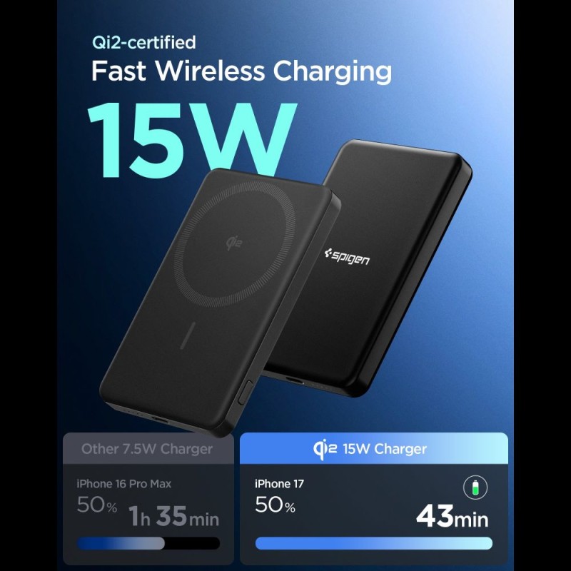 Външна Магнитна Батерия Spigen Essential Qi2 MagSafe Power Bank 5000mAh 22.5W – Черен - Външни батерии Външна Магнитна Батерия Spigen Essential Qi2 MagSafe Power Bank 5000mAh 22.5W – Черен - Външна Магнитна Батерия Spigen Essential Qi2 MagSafe Power Bank