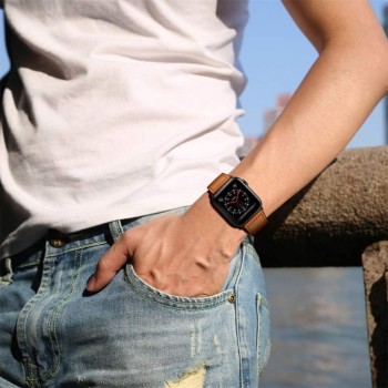 TECH-PROTECT LEATHERFIT КОЖЕНА КАИШКА ЗА APPLE WATCH 8 / 9 / 10 / 11 / SE / ULTRA (44 / 45 / 46 / 49 ММ) КАФЯВА