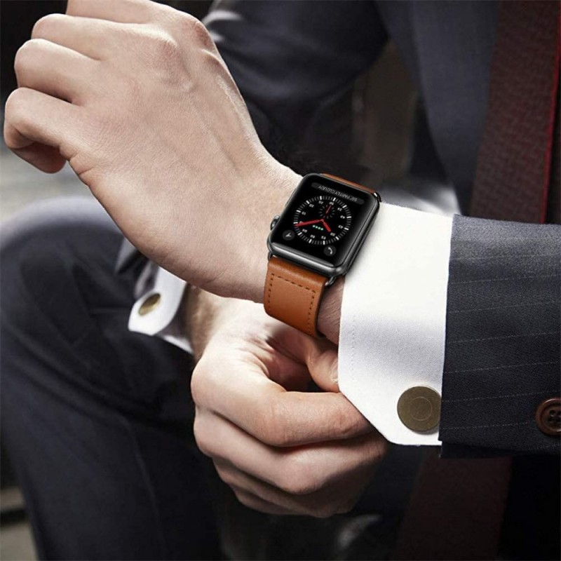 TECH-PROTECT LEATHERFIT КОЖЕНА КАИШКА ЗА APPLE WATCH 8 / 9 / 10 / 11 / SE / ULTRA (44 / 45 / 46 / 49 ММ) КАФЯВА - 0795787713716