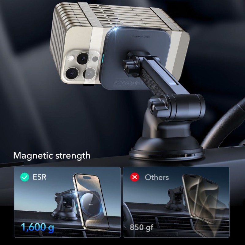 ESR HALOLOCK Магнитен MagSafe автомобилен държач за табло с безжично зарядно Qi2 15W (черен) - ESR HALOLOCK Магнитен MagSafe автомобилен държач за табло с безжично зарядно Qi2 15W (черен) - 4894240210963