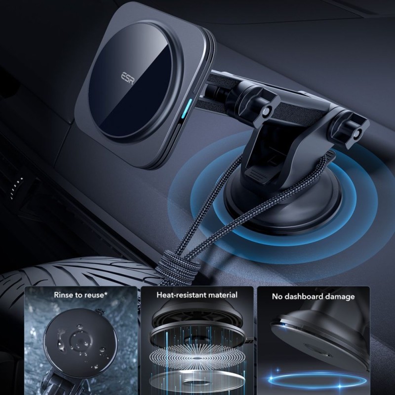 ESR HALOLOCK Магнитен MagSafe автомобилен държач за табло с безжично зарядно Qi2 15W (черен) - ESR HALOLOCK Магнитен MagSafe автомобилен държач за табло с безжично зарядно Qi2 15W (черен) - 4894240210963
