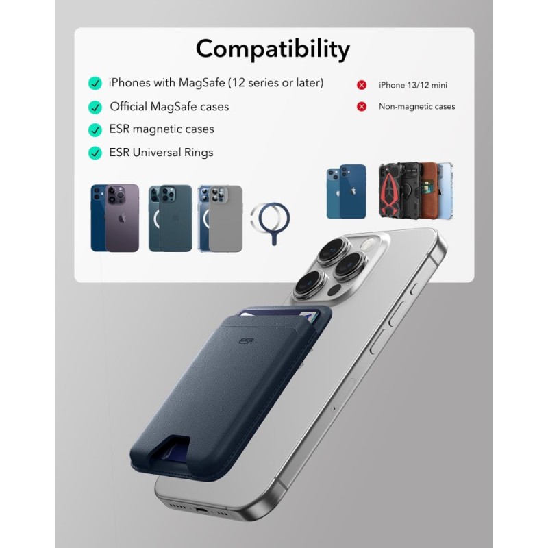 ESR Classic RFID магнитен портфейл MagSafe тъмносин ESR Classic RFID магнитен портфейл MagSafe тъмносин