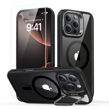 ESR Classic Hybrid Kickstand HaloLock Magsafe калъф с поставка и закалено стъкло за iPhone 16 Pro Max (прозрачно/черно)
