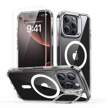 ESR Classic Hybrid Kickstand HaloLock със стойка и MagSafe + закалено стъкло за iPhone 16 Pro (прозрачно)