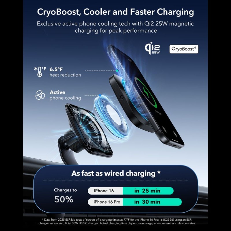 ESR OMNILOCK CRYOBOOST Магнитен MagSafe автомобилен държач с безжично зарядно 25W Qi2.2 (черен) - ESR OMNILOCK CRYOBOOST Магнитен MagSafe автомобилен държач с безжично зарядно 25W Qi2.2 (черен) - 4894240273036