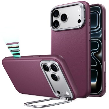 ESR Atelier Kickstand MagSafe кейс от веганска кожа за iPhone 17 Pro / 18 Pro Deep Burgundy