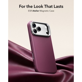 ESR Atelier Kickstand MagSafe кейс от веганска кожа за iPhone 17 Pro / 18 Pro Deep Burgundy ESR Atelier Kickstand MagSafe кейс от веганска кожа за iPhone 17 Pro / 18 Pro Deep Burgundy