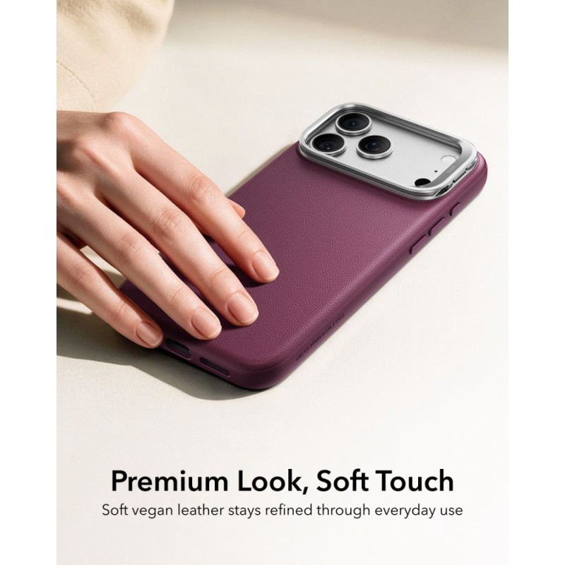 ESR Atelier Kickstand MagSafe кейс от веганска кожа за iPhone 17 Pro / 18 Pro Deep Burgundy ESR Atelier Kickstand MagSafe кейс от веганска кожа за iPhone 17 Pro / 18 Pro Deep Burgundy