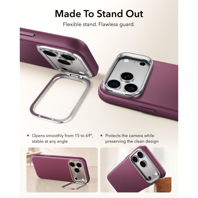 ESR Atelier Kickstand MagSafe кейс от веганска кожа за iPhone 17 Pro / 18 Pro Deep Burgundy ESR Atelier Kickstand MagSafe кейс от веганска кожа за iPhone 17 Pro / 18 Pro Deep Burgundy