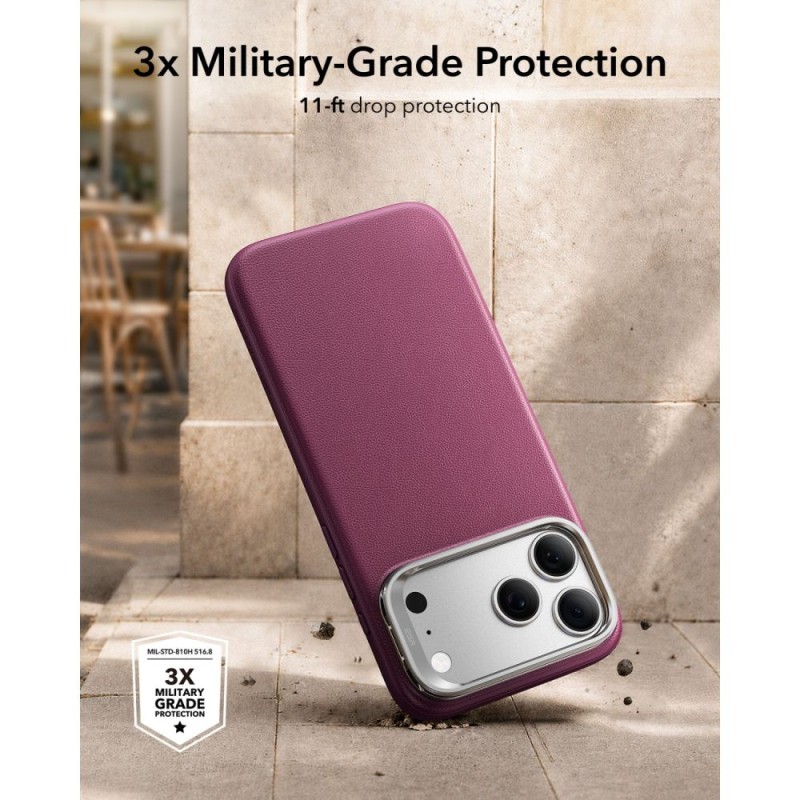 ESR Atelier Kickstand MagSafe кейс от веганска кожа за iPhone 17 Pro / 18 Pro Deep Burgundy ESR Atelier Kickstand MagSafe кейс от веганска кожа за iPhone 17 Pro / 18 Pro Deep Burgundy