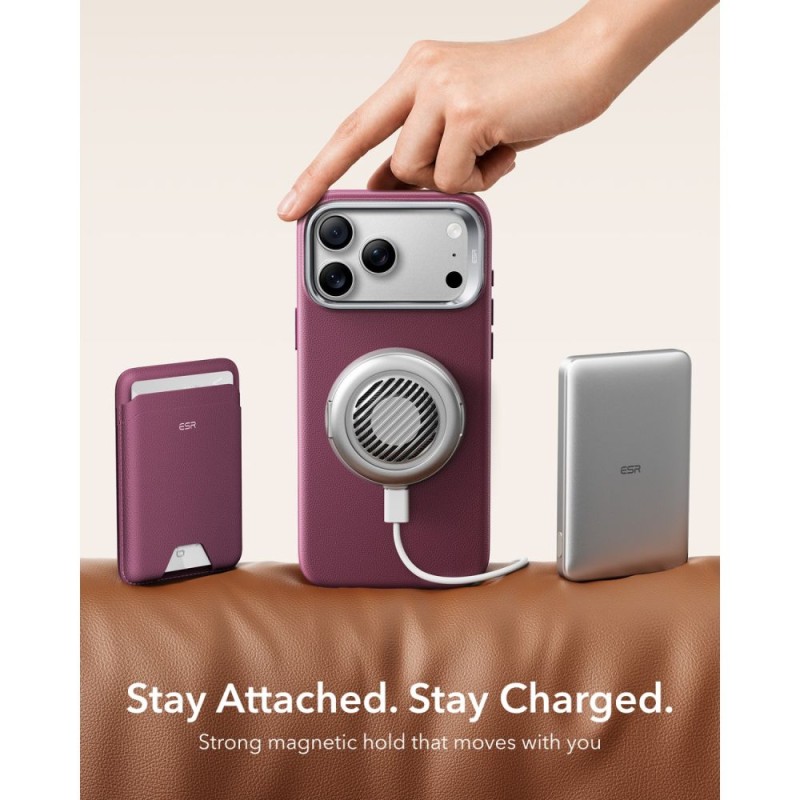 ESR Atelier Kickstand MagSafe кейс от веганска кожа за iPhone 17 Pro / 18 Pro Deep Burgundy ESR Atelier Kickstand MagSafe кейс от веганска кожа за iPhone 17 Pro / 18 Pro Deep Burgundy
