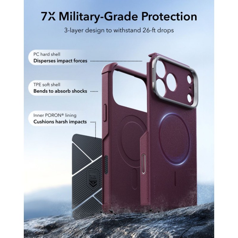 ESR CYBER TOUGH KICKSTAND MAGSAFE Кейс с поставка за iPhone 17 Pro Max / 18 Pro Max Deep Burgundy