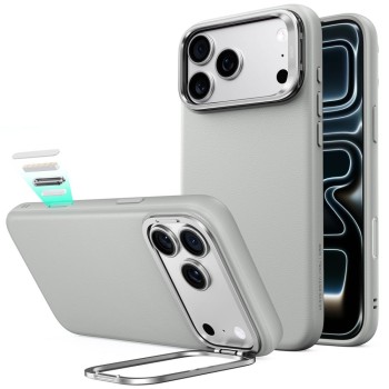 ESR Leather Kickstand MagSafe кожен калъф с поставка за iPhone 17 Pro Max / 18 Pro Max (сив)