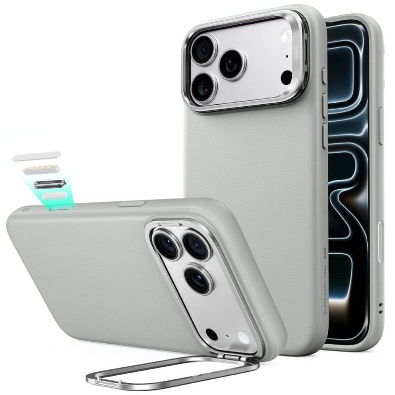 ESR Leather Kickstand MagSafe кожен калъф с поставка за iPhone 17 Pro Max / 18 Pro Max (сив) ESR Leather Kickstand MagSafe кожен калъф с поставка за iPhone 17 Pro Max / 18 Pro Max (сив)