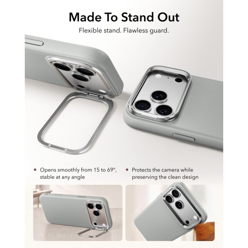 ESR Leather Kickstand MagSafe кожен калъф с поставка за iPhone 17 Pro Max / 18 Pro Max (сив) ESR Leather Kickstand MagSafe кожен калъф с поставка за iPhone 17 Pro Max / 18 Pro Max (сив)
