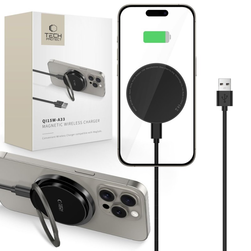 Tech-Protect QI15W-A33 магнитно безжично зарядно с MagSafe (черно) - Tech-Protect QI15W-A33 магнитно безжично зарядно с MagSafe (черно) - 5906302308347