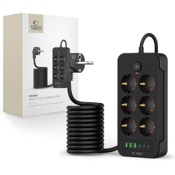 Tech-Protect PC6X6 разклонител 3 USB и 3 Type-C с 6 гнезда, кабел 200 см, черен