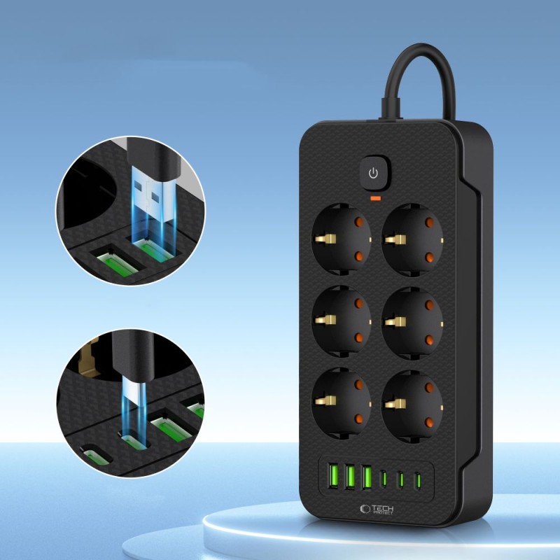Tech-Protect PC6X6 разклонител 3 USB и 3 Type-C с 6 гнезда, кабел 200 см, черен - Tech-Protect PC6X6 разклонител 3 USB и 3 Type-C с 6 гнезда, кабел 200 см, черен - 5906302310586