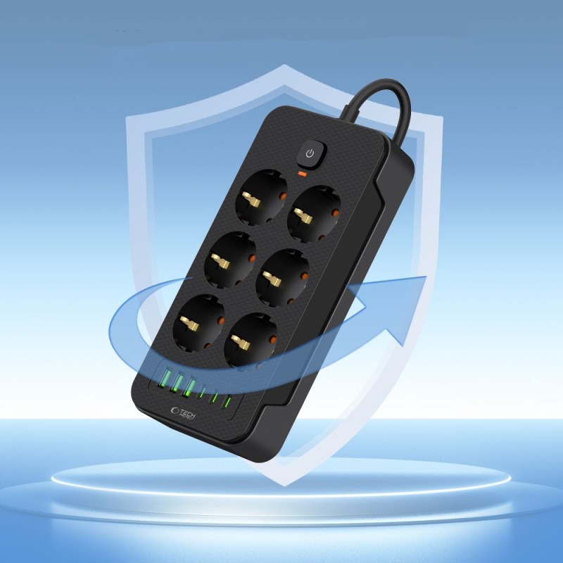 Tech-Protect PC6X6 разклонител 3 USB и 3 Type-C с 6 гнезда, кабел 200 см, черен - Tech-Protect PC6X6 разклонител 3 USB и 3 Type-C с 6 гнезда, кабел 200 см, черен - 5906302310586