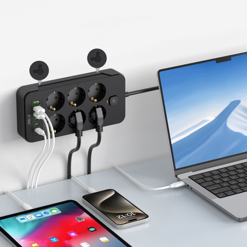 Tech-Protect PC6X6 разклонител 3 USB и 3 Type-C с 6 гнезда, кабел 200 см, черен - Tech-Protect PC6X6 разклонител 3 USB и 3 Type-C с 6 гнезда, кабел 200 см, черен - 5906302310586