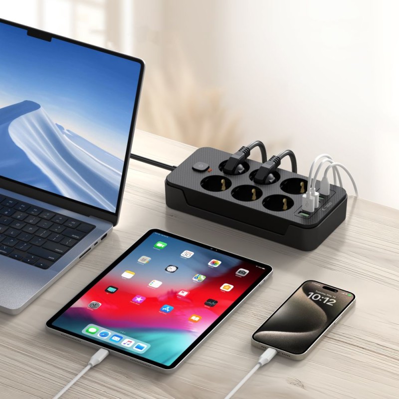 Tech-Protect PC6X6 разклонител 3 USB и 3 Type-C с 6 гнезда, кабел 200 см, черен - Tech-Protect PC6X6 разклонител 3 USB и 3 Type-C с 6 гнезда, кабел 200 см, черен - 5906302310586