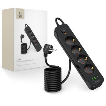 Tech-Protect PCL4X3 захранваща разклонителна лента – дълга 200 см, 2x USB-A + 1x USB-C, 4 контакта, черна