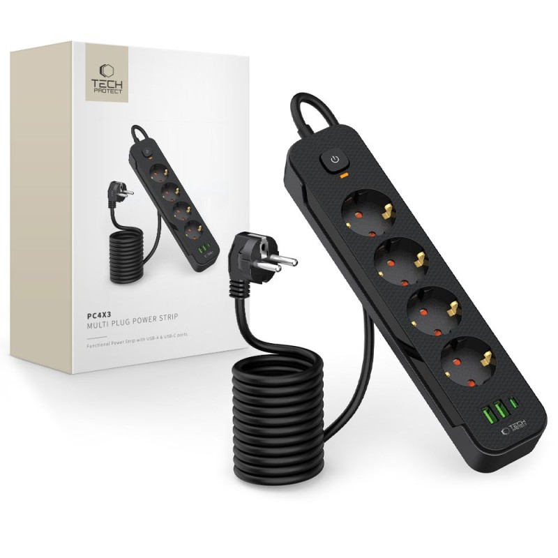 Tech-Protect PCL4X3 захранваща разклонителна лента – дълга 200 см, 2x USB-A + 1x USB-C, 4 контакта, черна - Tech-Protect PCL4X3 захранваща разклонителна лента – дълга 200 см, 2x USB-A + 1x USB-C, 4 контакта, черна - 5906302310593