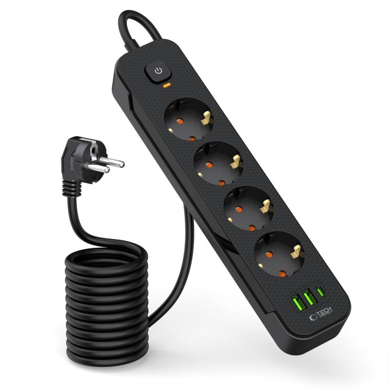 Tech-Protect PCL4X3 захранваща разклонителна лента – дълга 200 см, 2x USB-A + 1x USB-C, 4 контакта, черна - Tech-Protect PCL4X3 захранваща разклонителна лента – дълга 200 см, 2x USB-A + 1x USB-C, 4 контакта, черна - 5906302310593