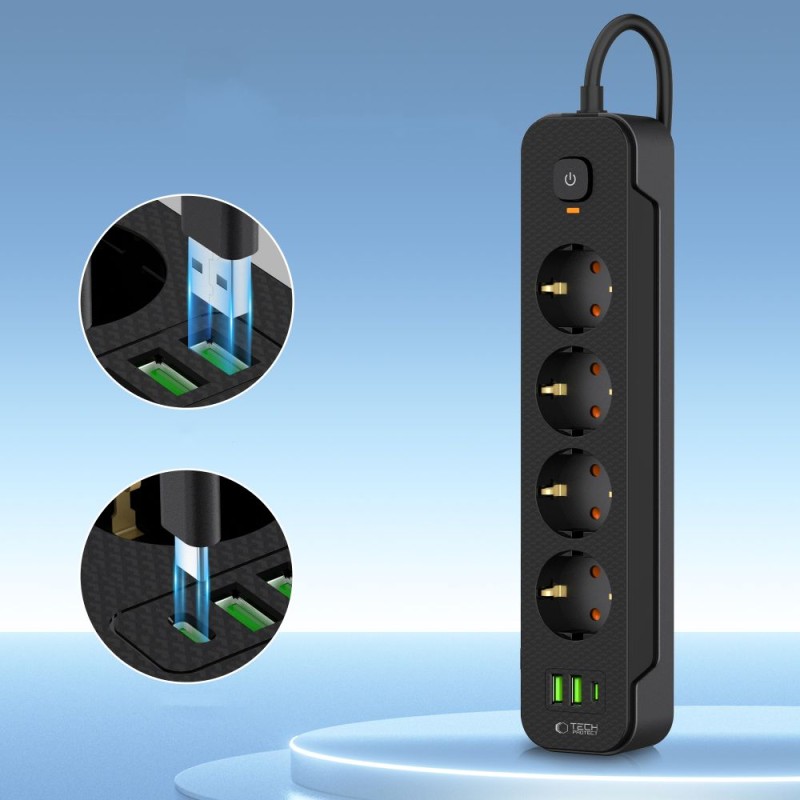 Tech-Protect PCL4X3 захранваща разклонителна лента – дълга 200 см, 2x USB-A + 1x USB-C, 4 контакта, черна - Tech-Protect PCL4X3 захранваща разклонителна лента – дълга 200 см, 2x USB-A + 1x USB-C, 4 контакта, черна - 5906302310593