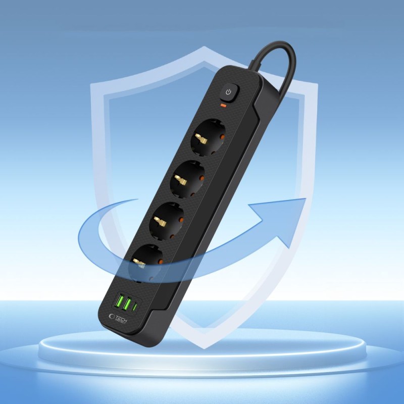 Tech-Protect PCL4X3 захранваща разклонителна лента – дълга 200 см, 2x USB-A + 1x USB-C, 4 контакта, черна - Tech-Protect PCL4X3 захранваща разклонителна лента – дълга 200 см, 2x USB-A + 1x USB-C, 4 контакта, черна - 5906302310593
