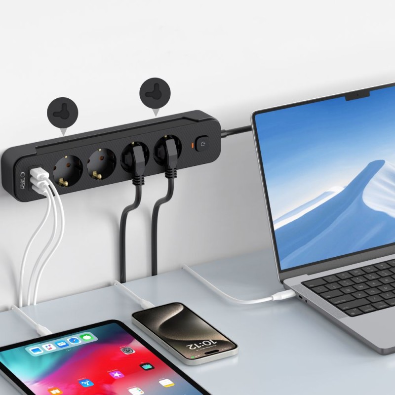 Tech-Protect PCL4X3 захранваща разклонителна лента – дълга 200 см, 2x USB-A + 1x USB-C, 4 контакта, черна - Tech-Protect PCL4X3 захранваща разклонителна лента – дълга 200 см, 2x USB-A + 1x USB-C, 4 контакта, черна - 5906302310593