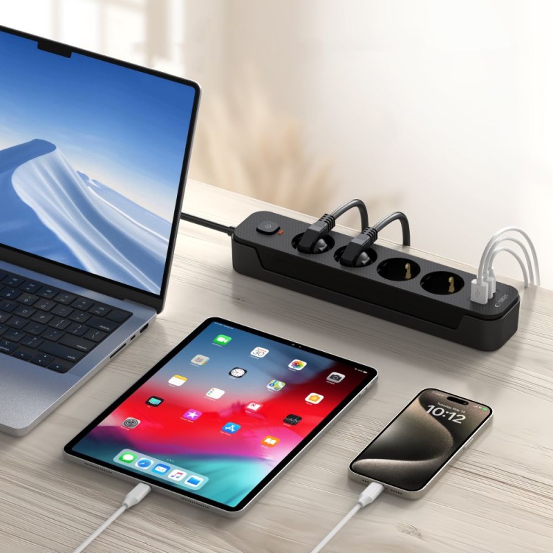 Tech-Protect PCL4X3 захранваща разклонителна лента – дълга 200 см, 2x USB-A + 1x USB-C, 4 контакта, черна - Tech-Protect PCL4X3 захранваща разклонителна лента – дълга 200 см, 2x USB-A + 1x USB-C, 4 контакта, черна - 5906302310593