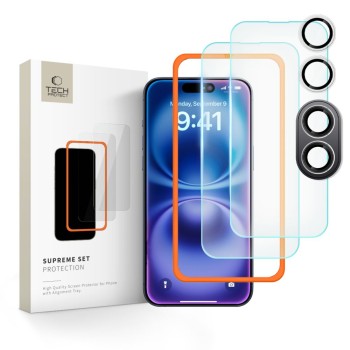 Tech-Protect Supreme комплект от закалено стъкло 3 броя за iPhone 16 (clear)
