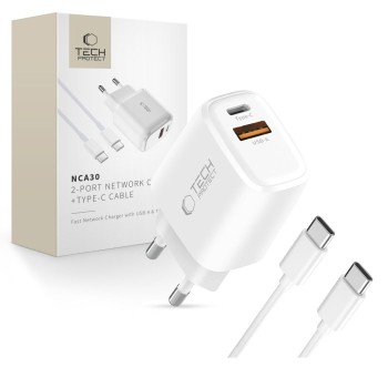 Tech-Protect NCA30 2-портова мрежова зарядна PD 30W / QC3.0 + USB-C кабел 100см (бяла)