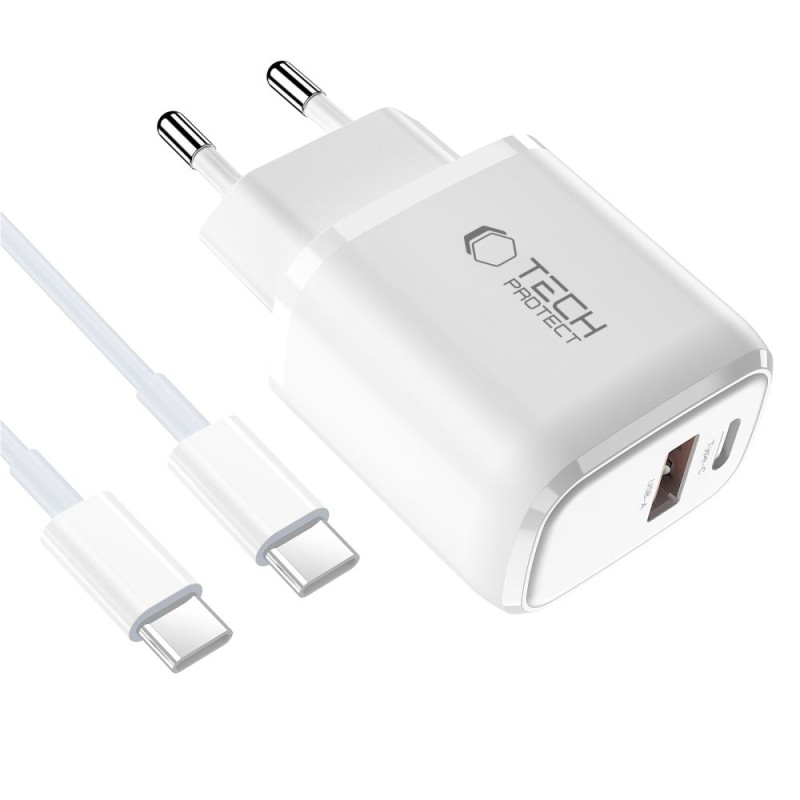 Tech-Protect NCA30 2-портова мрежова зарядна PD 30W / QC3.0 + USB-C кабел 100см (бяла) - Tech-Protect NCA30 2-портова мрежова зарядна PD 30W / QC3.0 + USB-C кабел 100см (бяла) - 5906302318629
