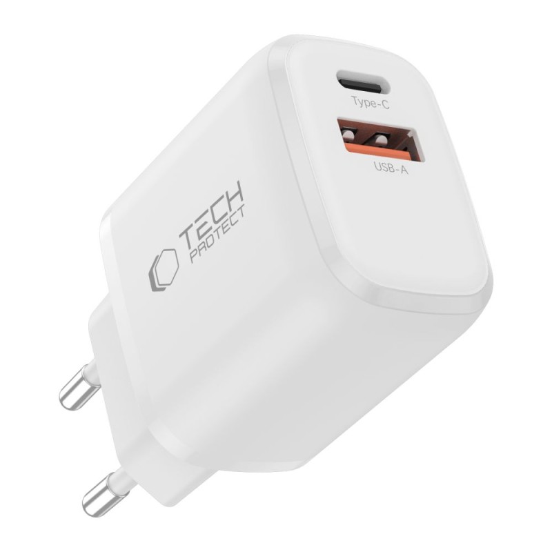 Tech-Protect NCA30 2-портова мрежова зарядна PD 30W / QC3.0 + USB-C кабел 100см (бяла) - Tech-Protect NCA30 2-портова мрежова зарядна PD 30W / QC3.0 + USB-C кабел 100см (бяла) - 5906302318629