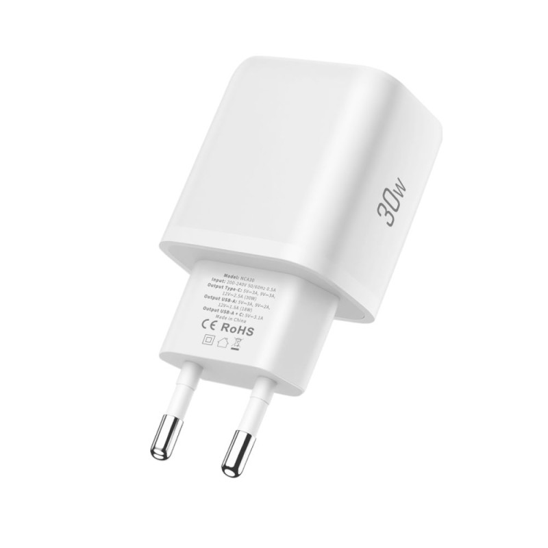 Tech-Protect NCA30 2-портова мрежова зарядна PD 30W / QC3.0 + USB-C кабел 100см (бяла) - Tech-Protect NCA30 2-портова мрежова зарядна PD 30W / QC3.0 + USB-C кабел 100см (бяла) - 5906302318629