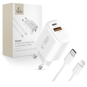 Tech-Protect NCA30 двупортово мрежово зарядно 2-Port PD 30W + QC3.0 кабел Lightning (бяло)