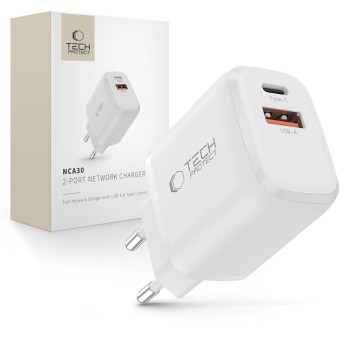 TECH-PROTECT NCA30 2-портово мрежово зарядно PD 30W / QC3.0, бяло