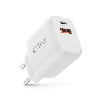 TECH-PROTECT NCA30 2-портово мрежово зарядно PD 30W / QC3.0, бяло TECH-PROTECT NCA30 2-портово мрежово зарядно PD 30W / QC3.0, бяло