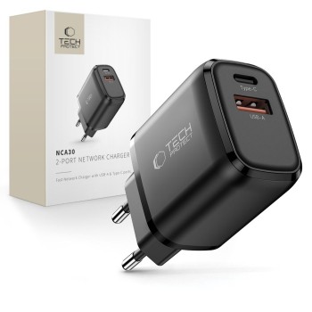 TECH-PROTECT NCA30 2-портова мрежова зарядна с PD 30W / QC3.0, черна