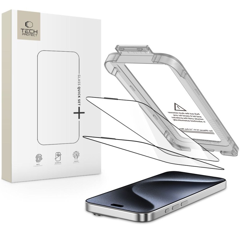 Tech-Protect Quick Set+ закалено стъкло 9H за iPhone 15 Pro Black (2 бр.) - Tech-Protect Quick Set+ закалено стъкло 9H за iPhone 15 Pro Black (2 бр.) - 5906302318810