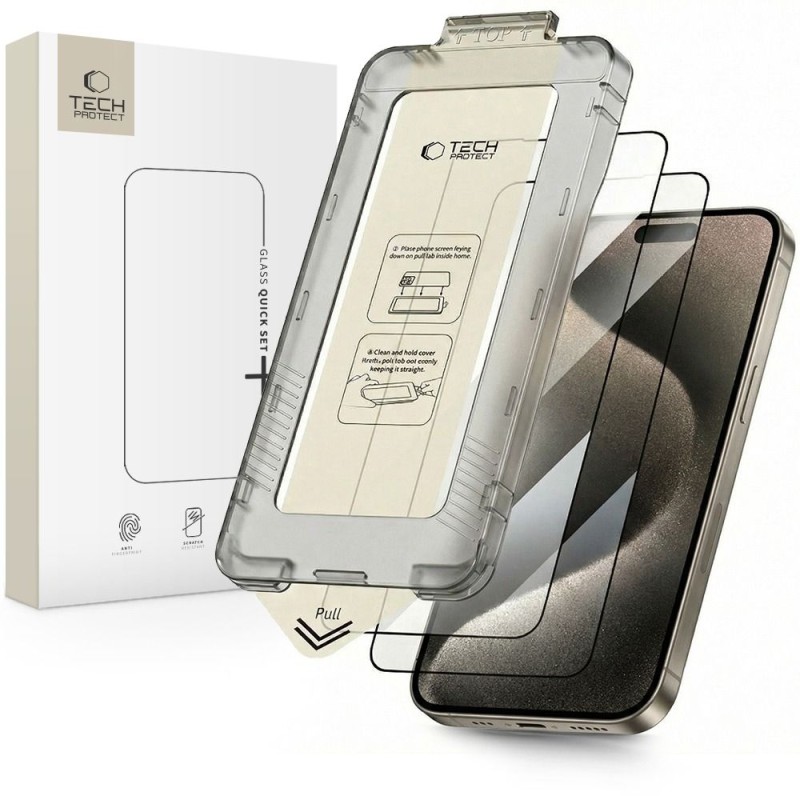 Tech-Protect Quick Set+ закалено стъкло 9H за iPhone 15 Pro Black (2 бр.) - Tech-Protect Quick Set+ закалено стъкло 9H за iPhone 15 Pro Black (2 бр.) - 5906302318810