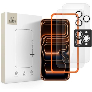 Tech-Protect Easy Set+ 3-Pack: закалено стъклено защитно фолио за iPhone 16 Pro Max / 17 Pro Max (CLEAR) + защита за камера