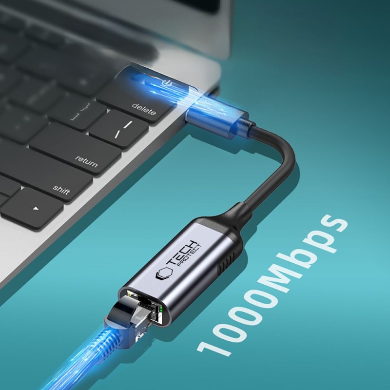 Tech-Protect UltraBoost адаптер Type-C към Ethernet RJ45 1000Mbps (черен) - 5906302321834