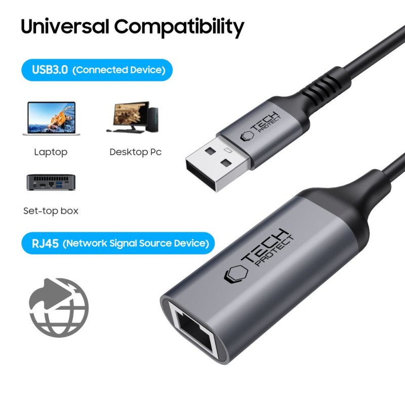 TECH-PROTECT ULTRABOOST USB 3.0 към Ethernet RJ45 адаптер 1000Mbps, черен - 5906302321841