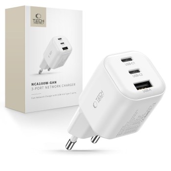 Tech-Protect NCA100W-GAN-AVS 3-портово мрежово зарядно 100W GaN (PD 3.2, QC3.0) Бяло